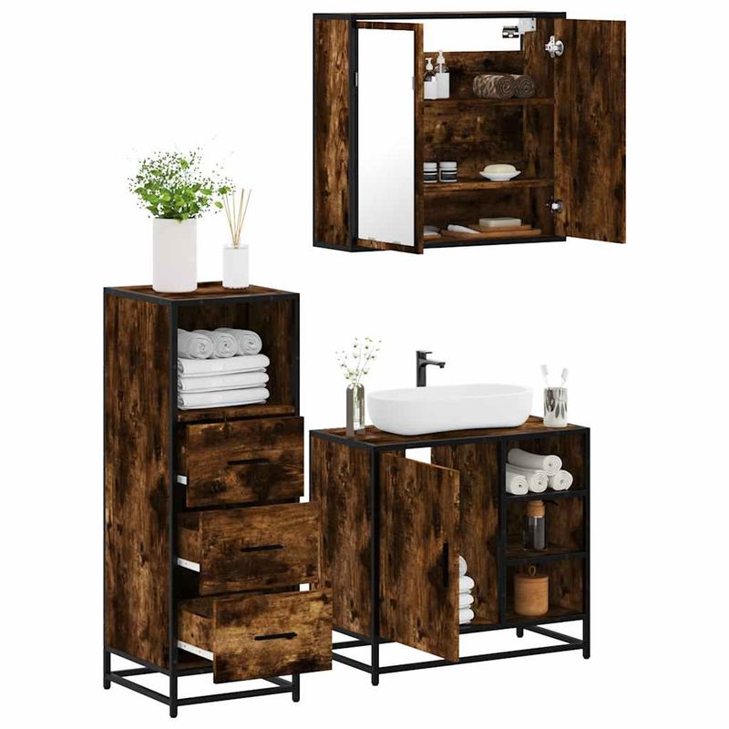Casa si Gradina - Mobilier - Seturi de mobilier - Seturi baie - Set mobilier de baie, 3 piese, stejar fumuriu, lemn prelucrat - Infinity.ro