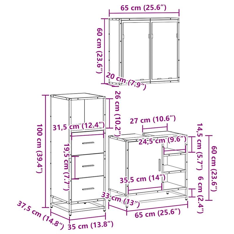 Casa si Gradina - Mobilier - Seturi de mobilier - Seturi baie - Set mobilier de baie, 3 piese, stejar fumuriu, lemn prelucrat - Infinity.ro