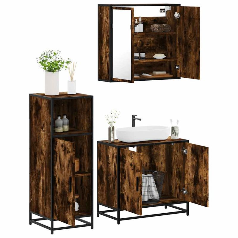 Casa si Gradina - Mobilier - Seturi de mobilier - Seturi baie - Set mobilier de baie, 3 piese, stejar fumuriu, lemn prelucrat - Infinity.ro
