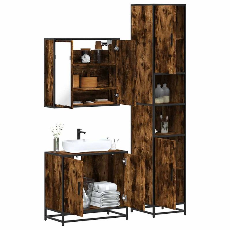 Casa si Gradina - Mobilier - Seturi de mobilier - Seturi baie - Set mobilier de baie, 3 piese, stejar fumuriu, lemn prelucrat - Infinity.ro