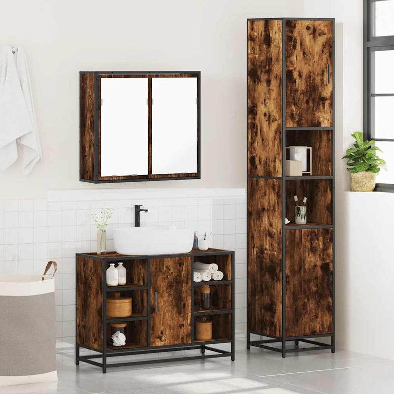 Casa si Gradina - Mobilier - Seturi de mobilier - Seturi baie - Set mobilier de baie, 3 piese, stejar fumuriu, lemn prelucrat - Infinity.ro