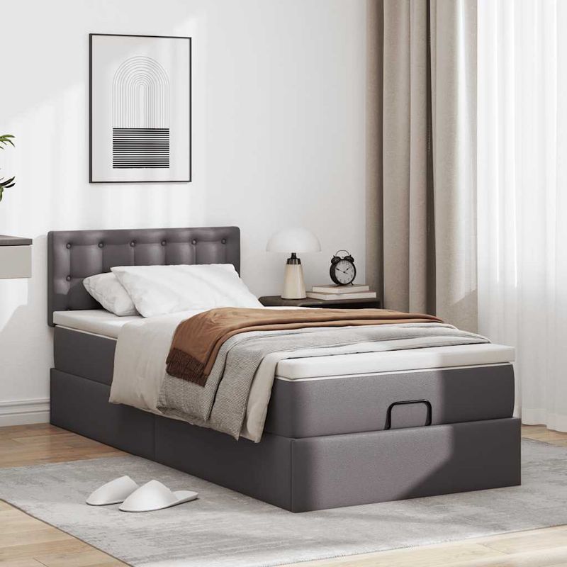 Casa si Gradina - Mobilier - Paturi si accesorii - Paturi - Cadru de pat otoman cu saltea gri 90x200cm piele artificiala - Infinity.ro