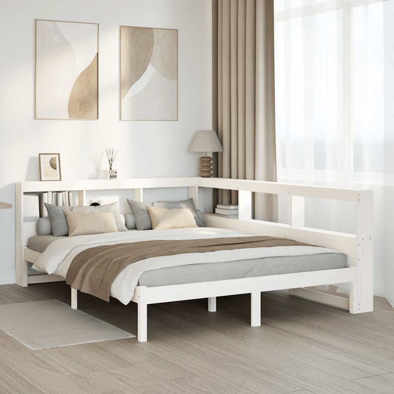 Casa si Gradina - Mobilier - Paturi si accesorii - Paturi - Pat cu biblioteca fara saltea, alb, 150x200 cm, lemn masiv pin - Infinity.ro
