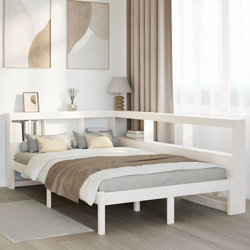 Casa si Gradina - Mobilier - Paturi si accesorii - Paturi - Pat cu biblioteca fara saltea, alb, 120x190 cm, lemn masiv pin - Infinity.ro