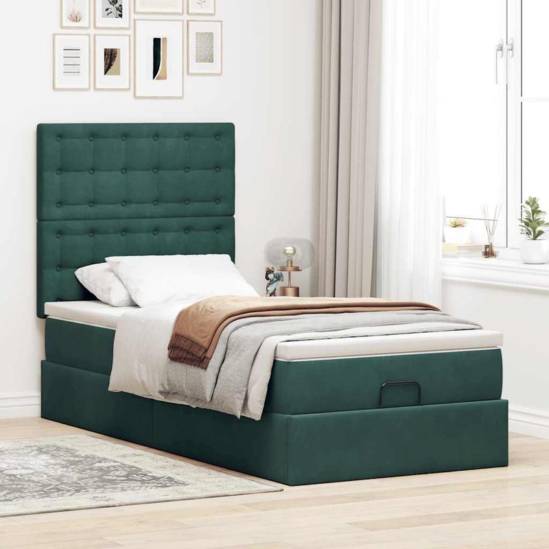 Casa si Gradina - Mobilier - Paturi si accesorii - Paturi - Cadru de pat otoman cu saltele, catifea verde inchis 90x200cm - Infinity.ro