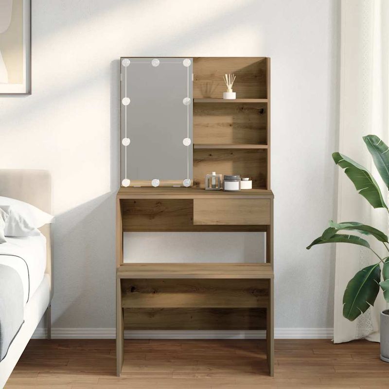 Casa si Gradina - Mobilier - Comode si corpuri - Masute de toaleta - Set de masa de toaleta cu LED Artisan Stejar lemn prelucrat - Infinity.ro