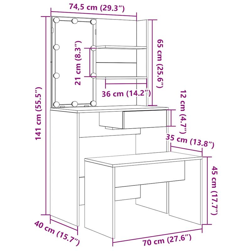 Casa si Gradina - Mobilier - Comode si corpuri - Masute de toaleta - Set de masa de toaleta cu LED Artisan Stejar lemn prelucrat - Infinity.ro