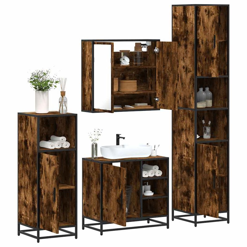 Casa si Gradina - Mobilier - Seturi de mobilier - Seturi baie - Set de mobilier de baie 4 piese Lemn prelucrat de stejar afumat - Infinity.ro