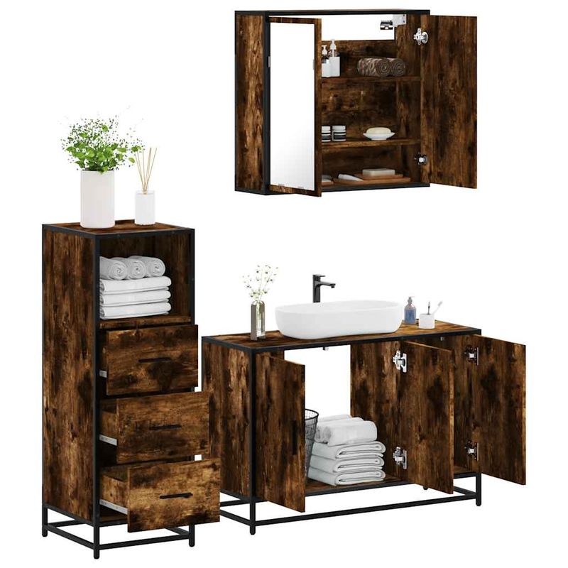 Casa si Gradina - Mobilier - Seturi de mobilier - Seturi baie - Set mobilier de baie, 3 piese, stejar fumuriu, lemn prelucrat - Infinity.ro