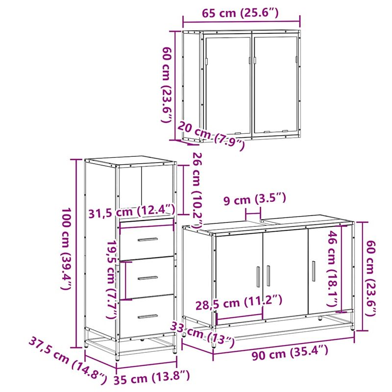 Casa si Gradina - Mobilier - Seturi de mobilier - Seturi baie - Set mobilier de baie, 3 piese, stejar fumuriu, lemn prelucrat - Infinity.ro