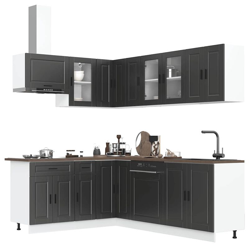 Casa si Gradina - Mobilier - Comode si corpuri - Corpuri bucatarie - Set dulap de bucatarie 11 piese „Porto” lemn negru prelucrat - Infinity.ro