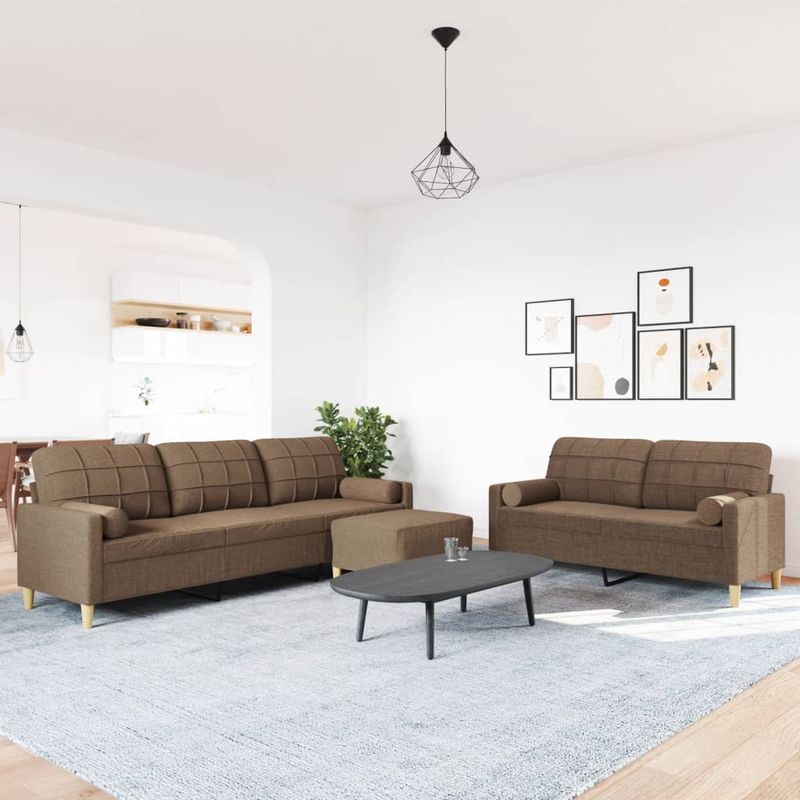 Casa si Gradina - Mobilier - Seturi de mobilier - Seturi living - Set canapele cu taburet si perne, 3 piese, maro, textil - Infinity.ro