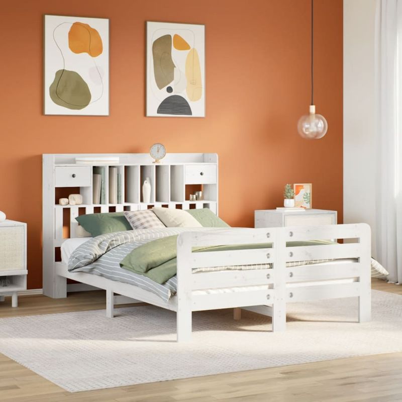 Casa si Gradina - Mobilier - Paturi si accesorii - Paturi - Pat cu biblioteca fara saltea, alb, 150x200 cm, lemn masiv pin - Infinity.ro