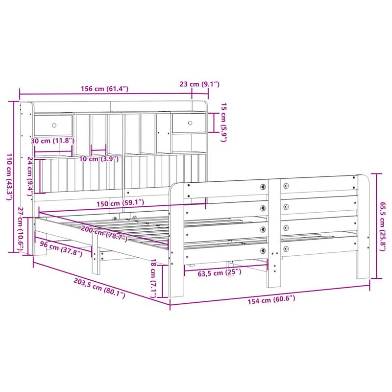 Casa si Gradina - Mobilier - Paturi si accesorii - Paturi - Pat cu biblioteca fara saltea, alb, 150x200 cm, lemn masiv pin - Infinity.ro