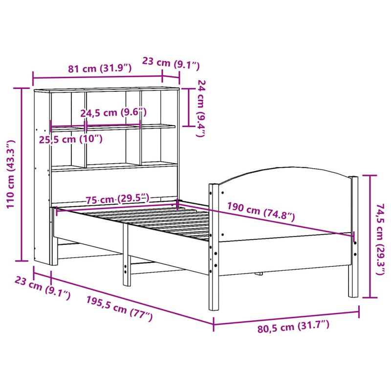 Casa si Gradina - Mobilier - Paturi si accesorii - Paturi - Pat biblioteca fara saltea maro ceruit 75x190 cm lemn masiv pin - Infinity.ro