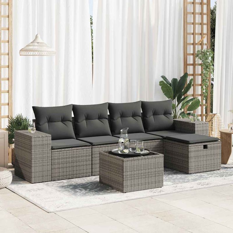 Casa si Gradina - Gradina si terasa - Mobilier exterior - Seturi mobila gradina - Set mobilier gradina cu perne, 6 piese, gri, poliratan - Infinity.ro