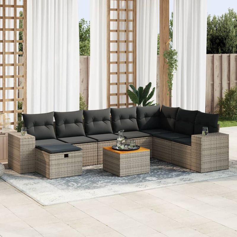 Casa si Gradina - Gradina si terasa - Mobilier exterior - Seturi mobila gradina - Set canapele de gradina, 9 piese, cu perne, gri, poliratan - Infinity.ro