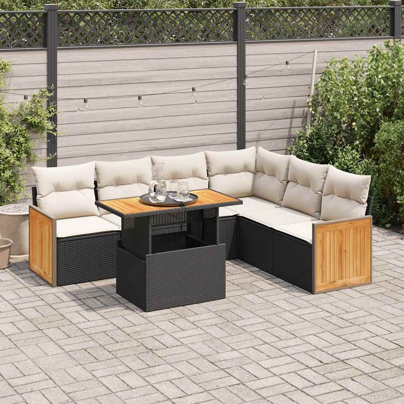 Casa si Gradina - Gradina si terasa - Mobilier exterior - Seturi mobila gradina - Set canapele gradina perne 7 piese negru, poliratan/lemn acacia - Infinity.ro