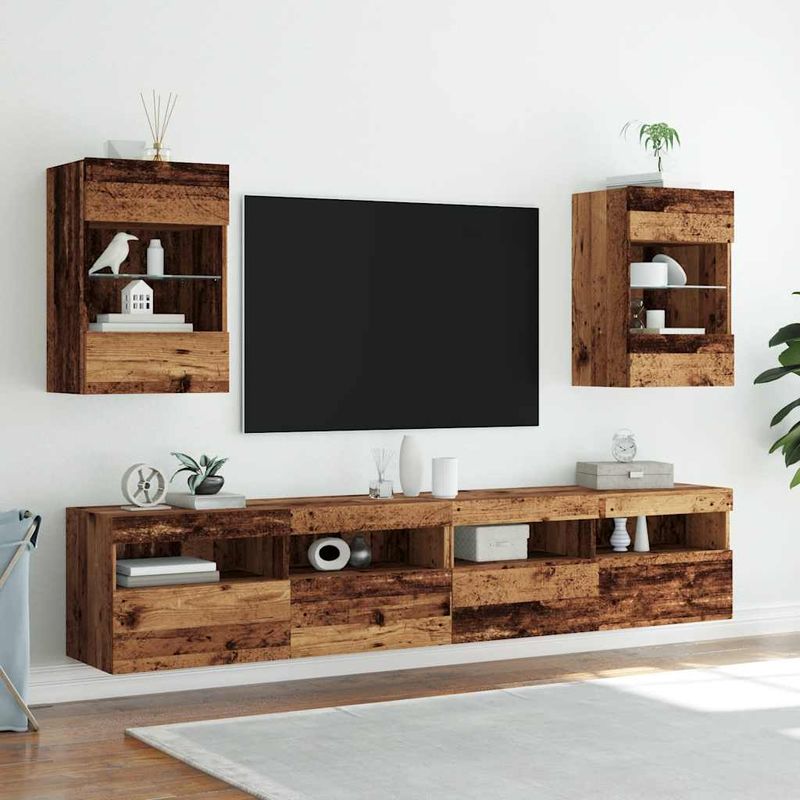 Casa si Gradina - Mobilier - Comode si corpuri - Comode - Comode TV perete cu lumini LED 2 buc. lemn vechi 40x30x60,5 cm - Infinity.ro