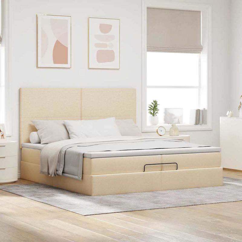 Casa si Gradina - Mobilier - Paturi si accesorii - Paturi - Cadru de pat otoman cu saltele crem 200x200cm stofa - Infinity.ro