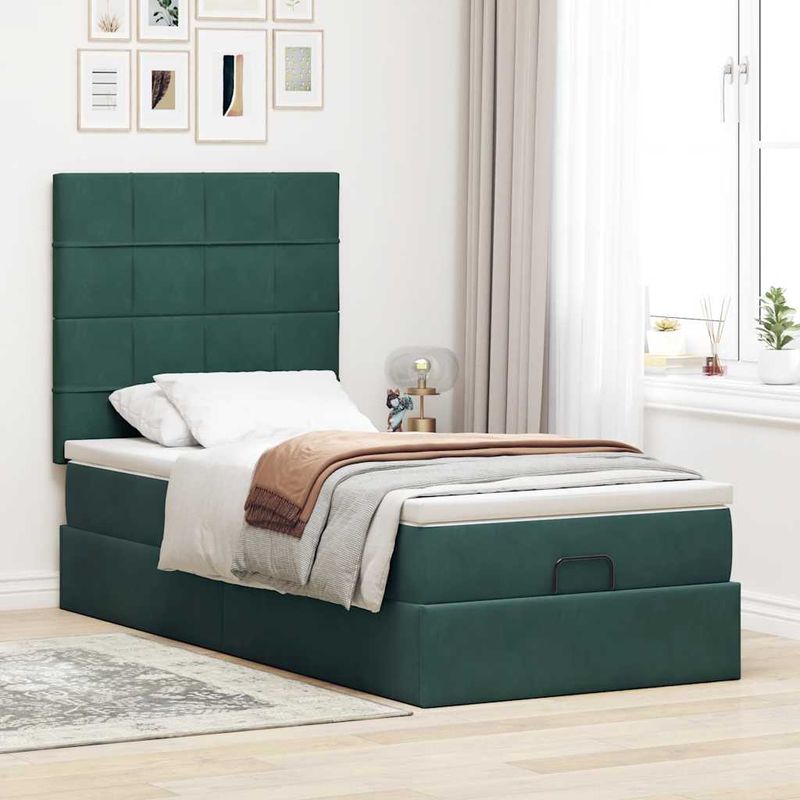 Casa si Gradina - Mobilier - Paturi si accesorii - Paturi - Cadru de pat otoman cu saltele, catifea verde inchis 90x190cm - Infinity.ro