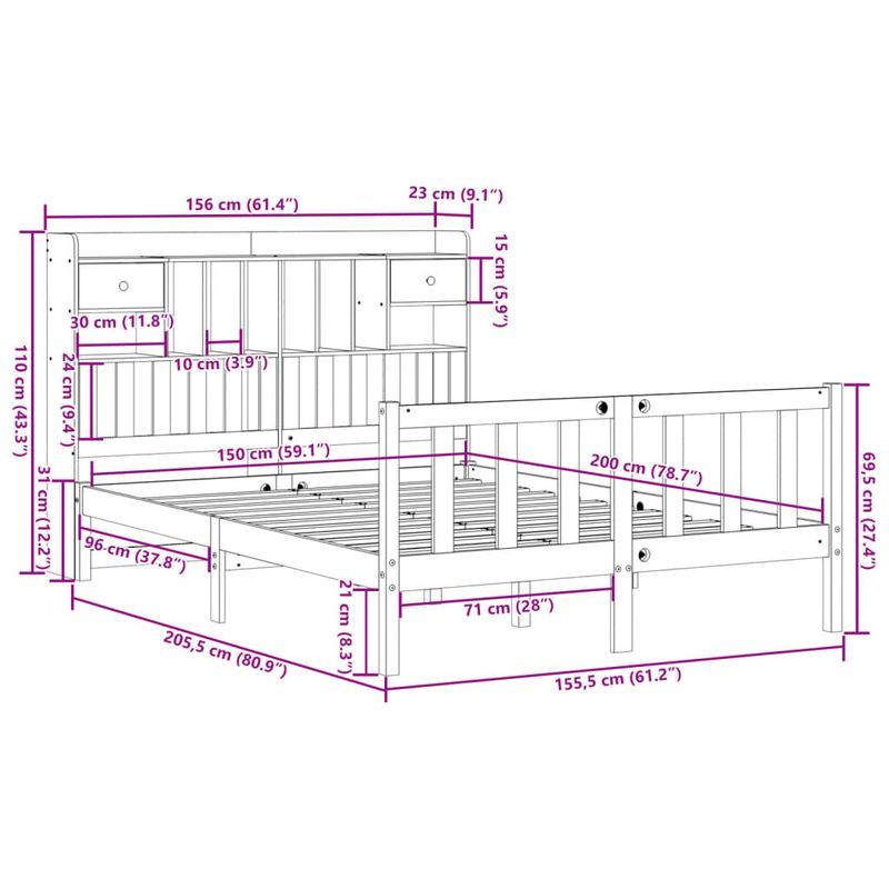 Casa si Gradina - Mobilier - Paturi si accesorii - Paturi - Pat cu biblioteca fara saltea maro 150x200 cm lemn masiv de pin - Infinity.ro