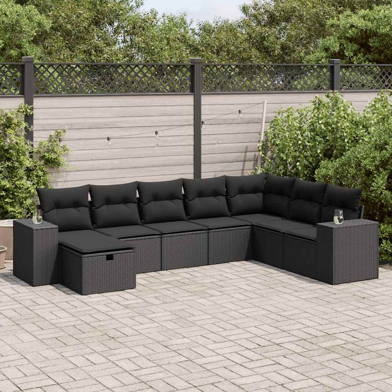 Casa si Gradina - Gradina si terasa - Mobilier exterior - Seturi mobila gradina - Set mobilier de gradina cu perne, 8 piese, negru, poliratan - Infinity.ro