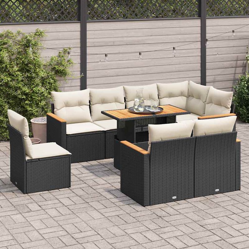 Casa si Gradina - Gradina si terasa - Mobilier exterior - Seturi mobila gradina - Set mobilier gradina perne 9 piese negru poliratan/lemn acacia - Infinity.ro