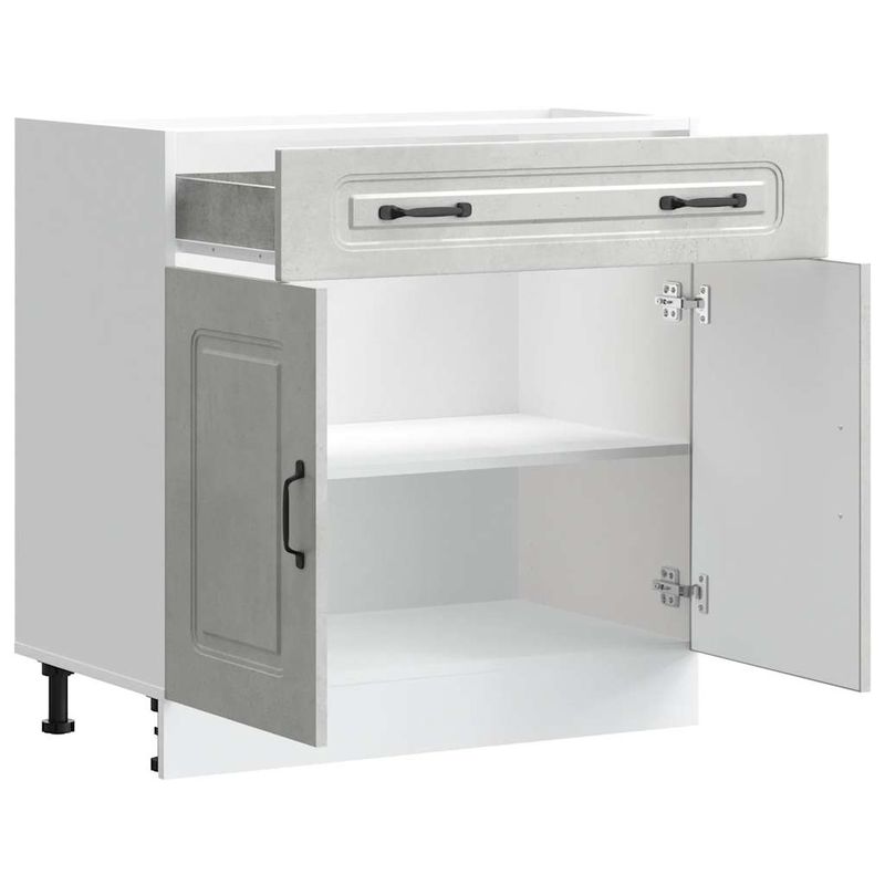 Casa si Gradina - Mobilier - Comode si corpuri - Corpuri bucatarie - Dulap de baza de bucatarie „Kalmar” Lemn prelucrat gri beton, model 1x dulap inferior (2 uși 1 sertar), mărime 80x46x81.5 cm - Infinity.ro