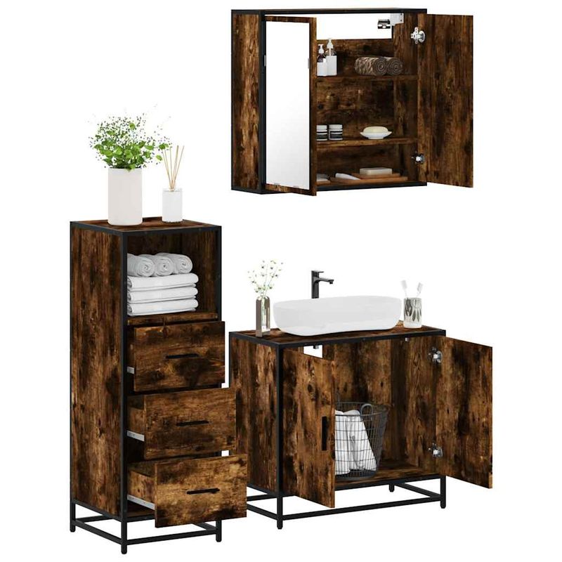 Casa si Gradina - Mobilier - Seturi de mobilier - Seturi baie - Set mobilier de baie, 3 piese, stejar fumuriu, lemn prelucrat - Infinity.ro