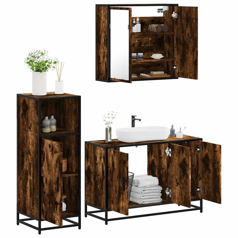 Casa si Gradina - Mobilier - Seturi de mobilier - Seturi baie - Set mobilier de baie, 3 piese, stejar fumuriu, lemn prelucrat - Infinity.ro