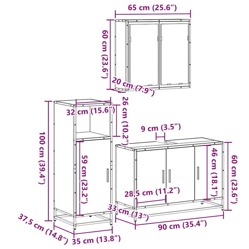Casa si Gradina - Mobilier - Seturi de mobilier - Seturi baie - Set mobilier de baie, 3 piese, stejar fumuriu, lemn prelucrat - Infinity.ro