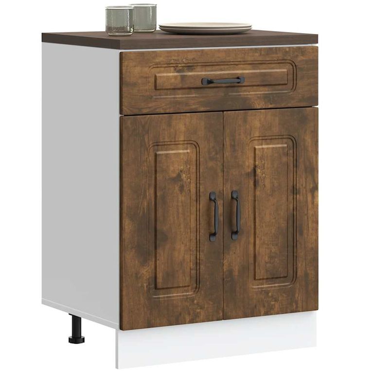 Casa si Gradina - Mobilier - Comode si corpuri - Corpuri bucatarie - Dulap de bucatarie „Kalmar” din lemn de lemn de stejar afumat, model 1x dulap inferior (2 uși 1 sertar), mărime 60x46x81.5 cm - Infinity.ro