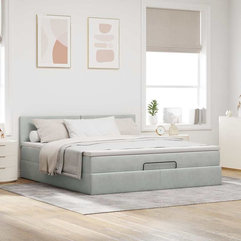 Casa si Gradina - Mobilier - Paturi si accesorii - Paturi - Cadru de pat otoman cu saltea Gri deschis 180x200cm catifea - Infinity.ro
