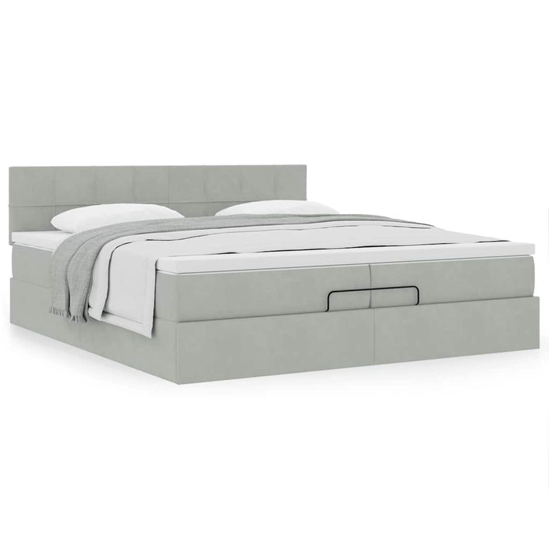 Casa si Gradina - Mobilier - Paturi si accesorii - Paturi - Cadru pat otoman cu saltea gri deschis 200x200 cm catifea, model cu blocuri pătrate - Infinity.ro