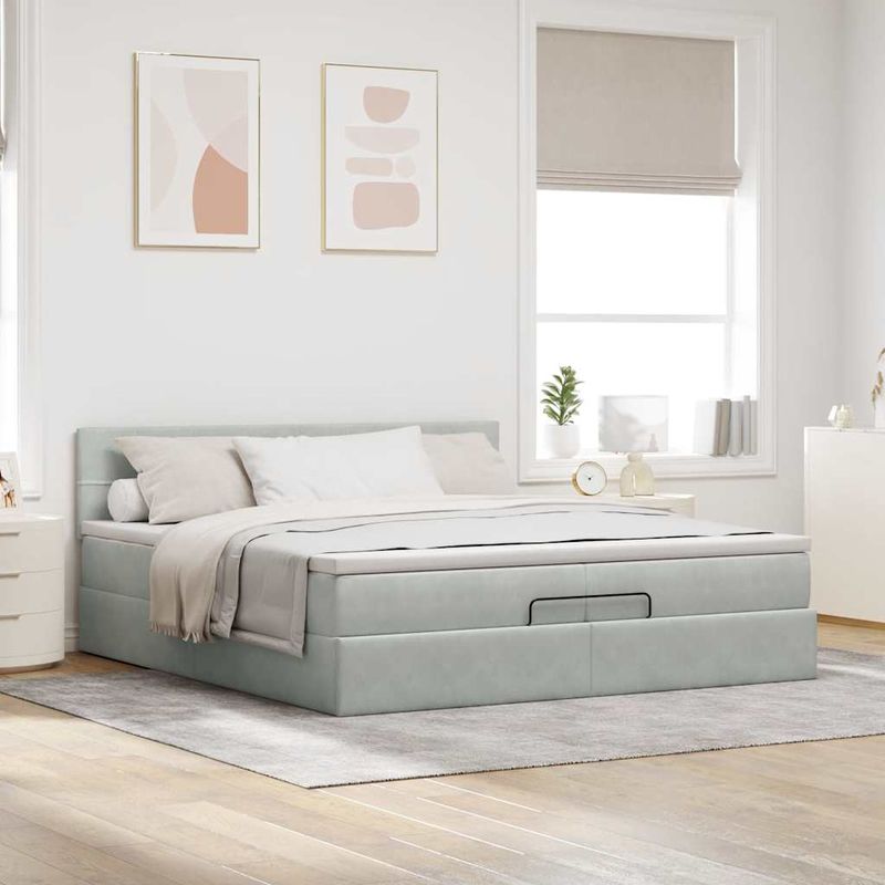 Casa si Gradina - Mobilier - Paturi si accesorii - Paturi - Cadru pat otoman cu saltea gri deschis 200x200 cm catifea, model cu blocuri pătrate - Infinity.ro