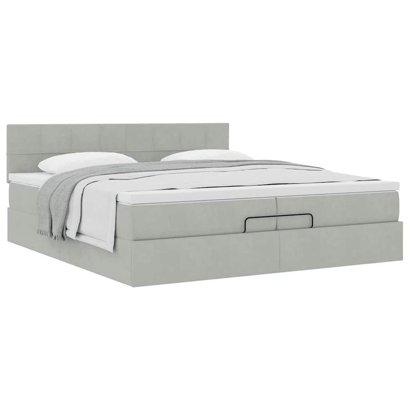 Casa si Gradina - Mobilier - Paturi si accesorii - Paturi - Cadru pat otoman cu saltea gri deschis 200x200 cm catifea, model cu blocuri pătrate - Infinity.ro