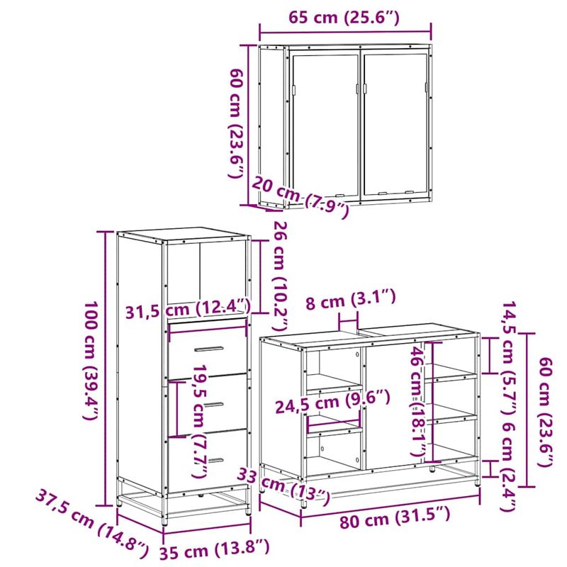 Casa si Gradina - Mobilier - Seturi de mobilier - Seturi baie - Set mobilier de baie, 3 piese, stejar fumuriu, lemn prelucrat - Infinity.ro