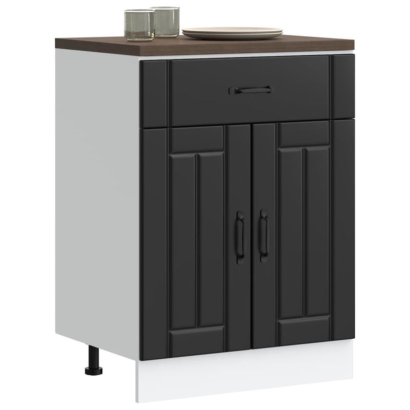 Casa si Gradina - Mobilier - Comode si corpuri - Corpuri bucatarie - Dulap de baza de bucatarie „Lucca” din lemn negru prelucrat, model 1x dulap inferior (2 uși 1 sertar), mărime 60x46x81.5 cm - Infinity.ro