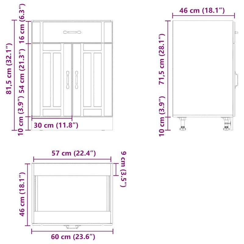 Casa si Gradina - Mobilier - Comode si corpuri - Corpuri bucatarie - Dulap de baza de bucatarie „Lucca” din lemn negru prelucrat, model 1x dulap inferior (2 uși 1 sertar), mărime 60x46x81.5 cm - Infinity.ro