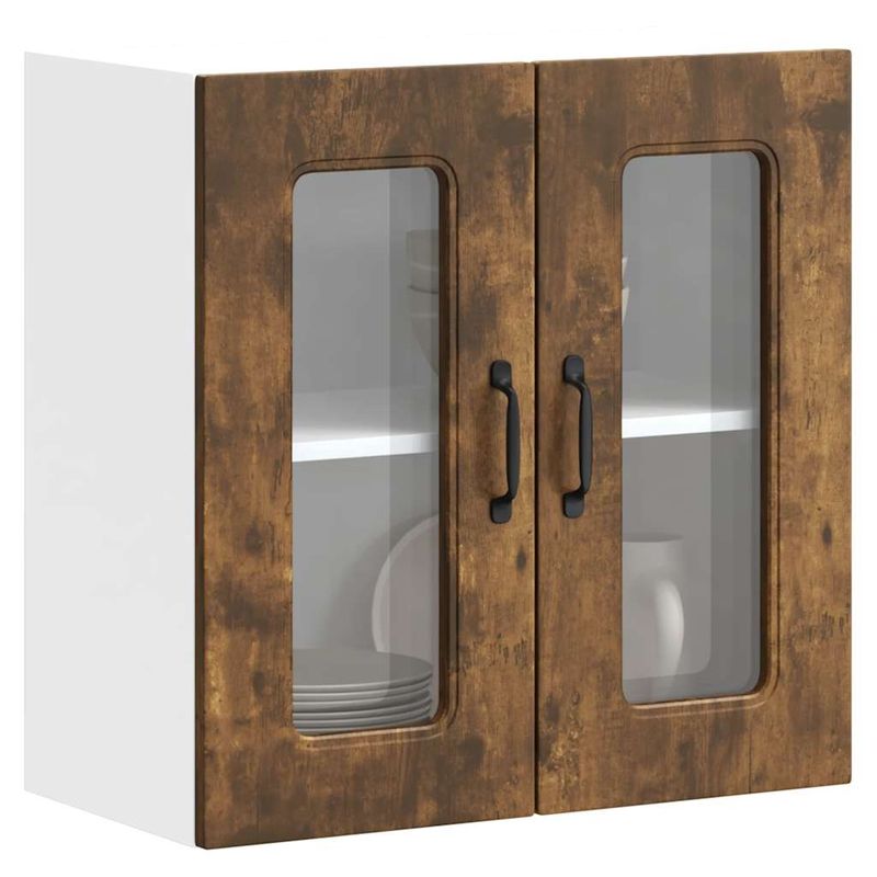 Casa si Gradina - Mobilier - Comode si corpuri - Corpuri bucatarie - Dulap de bucatarie cu usa din sticla "Kalmar" stejar afumat, model 1x dulap de perete din sticlă (2 uși), mărime 60x31x60 cm - Infinity.ro