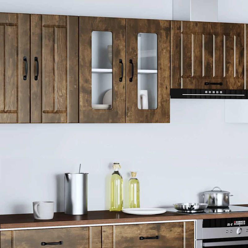 Casa si Gradina - Mobilier - Comode si corpuri - Corpuri bucatarie - Dulap de bucatarie cu usa din sticla "Kalmar" stejar afumat, model 1x dulap de perete din sticlă (2 uși), mărime 60x31x60 cm - Infinity.ro
