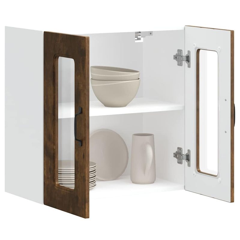 Casa si Gradina - Mobilier - Comode si corpuri - Corpuri bucatarie - Dulap de bucatarie cu usa din sticla "Kalmar" stejar afumat, model 1x dulap de perete din sticlă (2 uși), mărime 60x31x60 cm - Infinity.ro