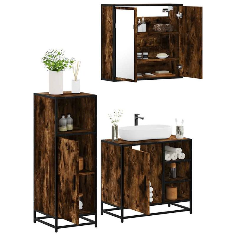 Casa si Gradina - Mobilier - Seturi de mobilier - Seturi baie - Set mobilier de baie, 3 piese, stejar fumuriu, lemn prelucrat - Infinity.ro