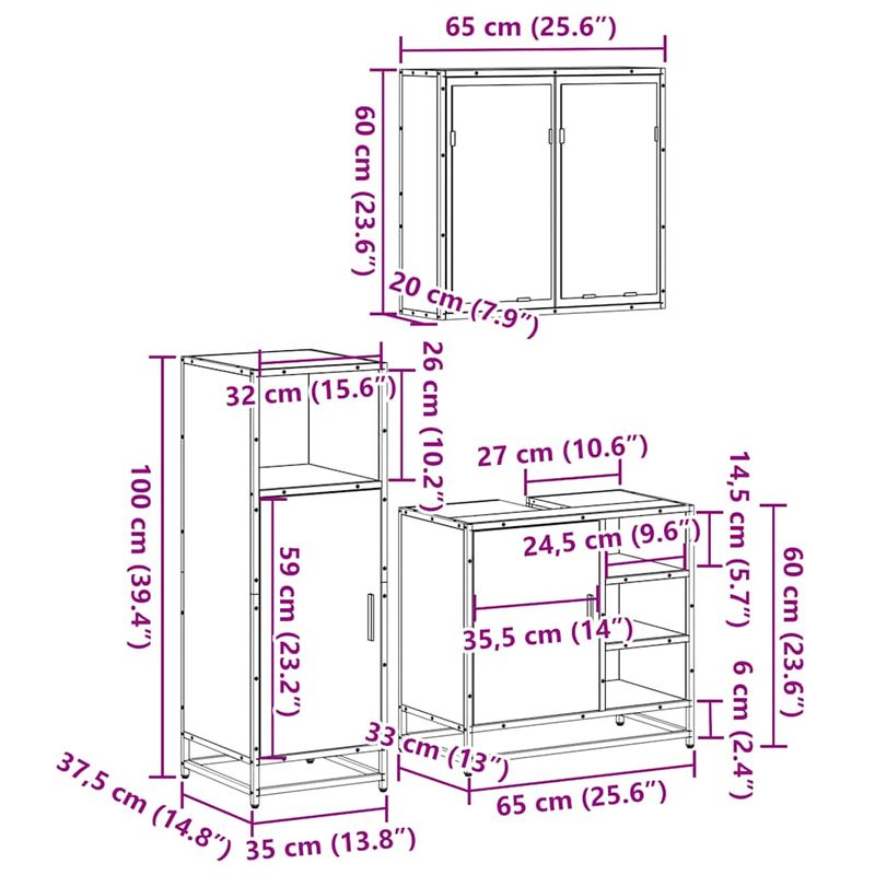 Casa si Gradina - Mobilier - Seturi de mobilier - Seturi baie - Set mobilier de baie, 3 piese, stejar fumuriu, lemn prelucrat - Infinity.ro