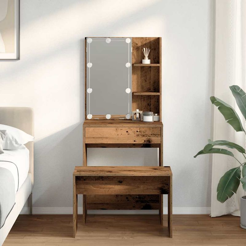 Casa si Gradina - Mobilier - Comode si corpuri - Masute de toaleta - Set de masuta de toaleta cu LED Lemn vechi din lemn lemnos - Infinity.ro