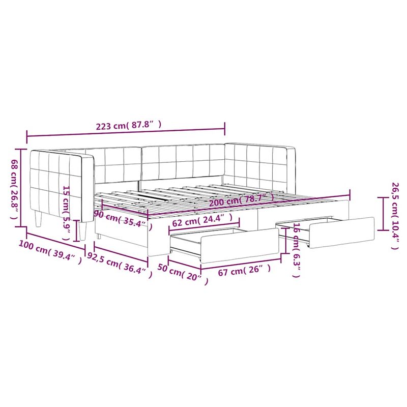 Casa si Gradina - Mobilier - Paturi si accesorii - Paturi - Pat de zi cu extensie si sertare gri inchis 90x200 cm catifea - Infinity.ro