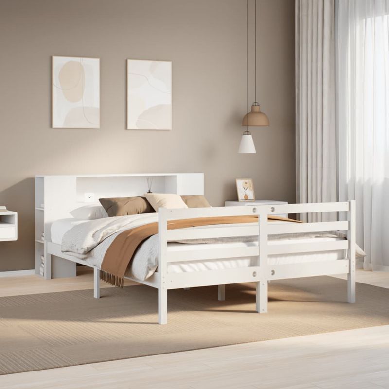 Casa si Gradina - Mobilier - Paturi si accesorii - Paturi - Pat cu biblioteca fara saltea, alb, 160x200 cm, lemn masiv pin - Infinity.ro