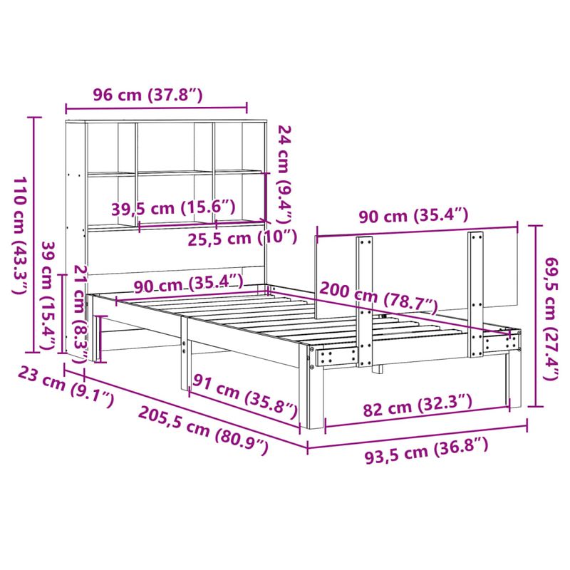 Casa si Gradina - Mobilier - Paturi si accesorii - Paturi - Pat cu biblioteca fara saltea, 90x200 cm, lemn masiv pin - Infinity.ro