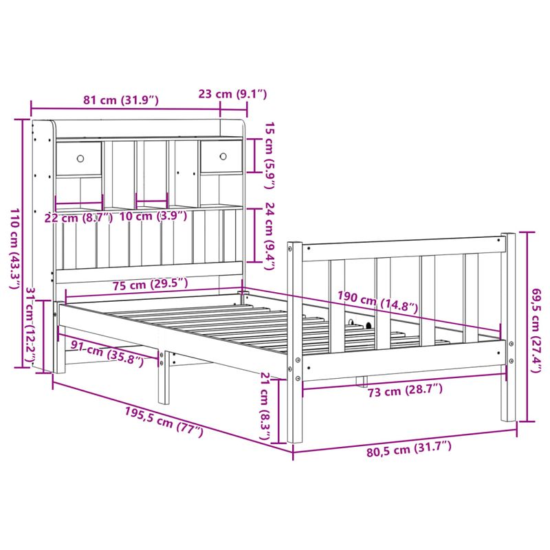 Casa si Gradina - Mobilier - Paturi si accesorii - Paturi - Pat biblioteca fara saltea maro ceruit 75x190 cm lemn masiv pin - Infinity.ro